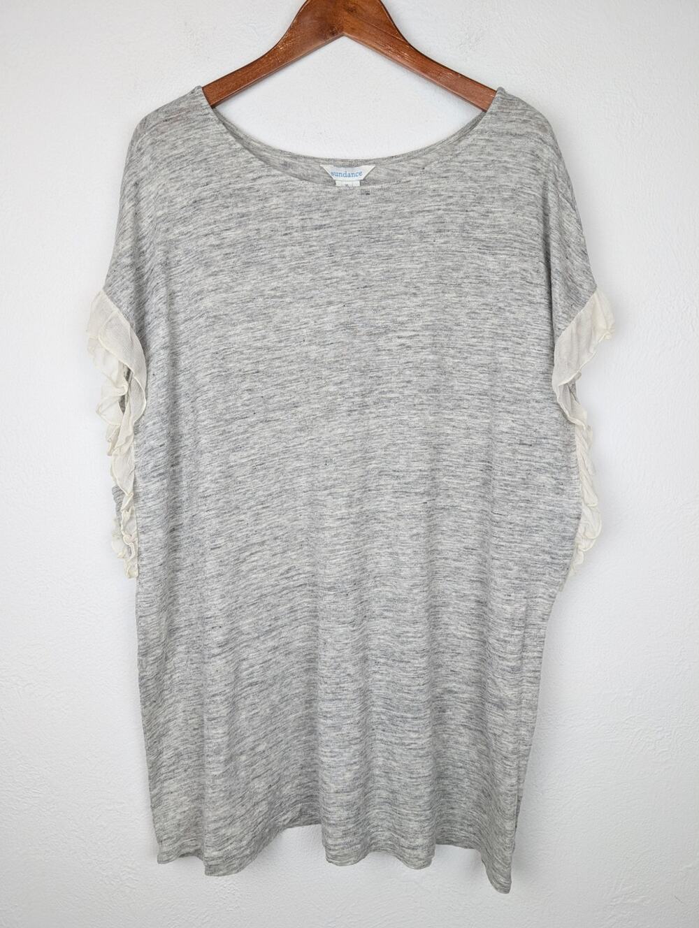 Sundance Top Linen Ruffle Sleeve Boho Western Folksy Heathered Gray Size XL
